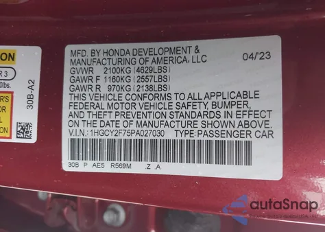 2023 Honda Accord Hybrid Sport-L z USA, uszkodzony, nr VIN 1HGCY2F75PA027030